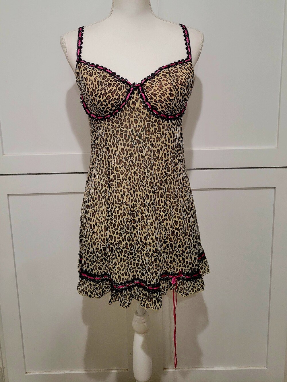 Y2K Rampage Leopard Print Babydoll Chemise with Pink Trim | Size XL